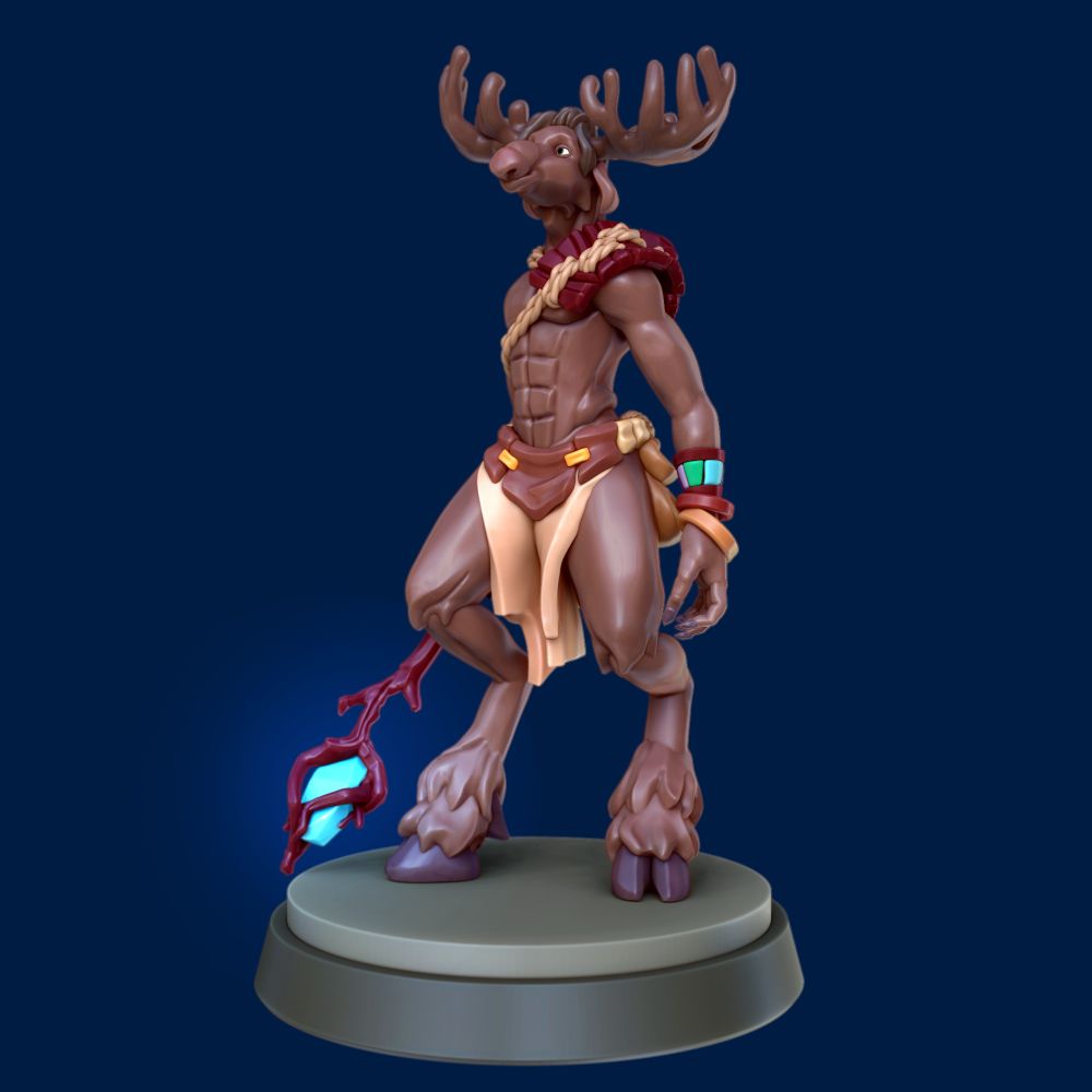 On a dark blue background, a colorful render of a 3d model depicting a ttrpg character: a tall moose-like humanoid with a glowing staff, staring into the distance. 