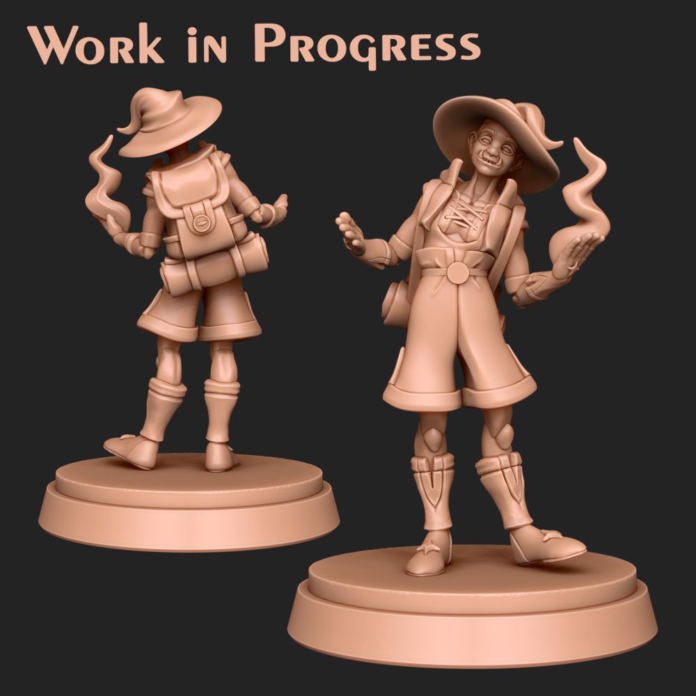 On a dark grey background, a wax-colored render of an unfinished 3d model depicting a ttrpg character: a lithe half-orc mage in a wide-brimmed hat casting a spell.