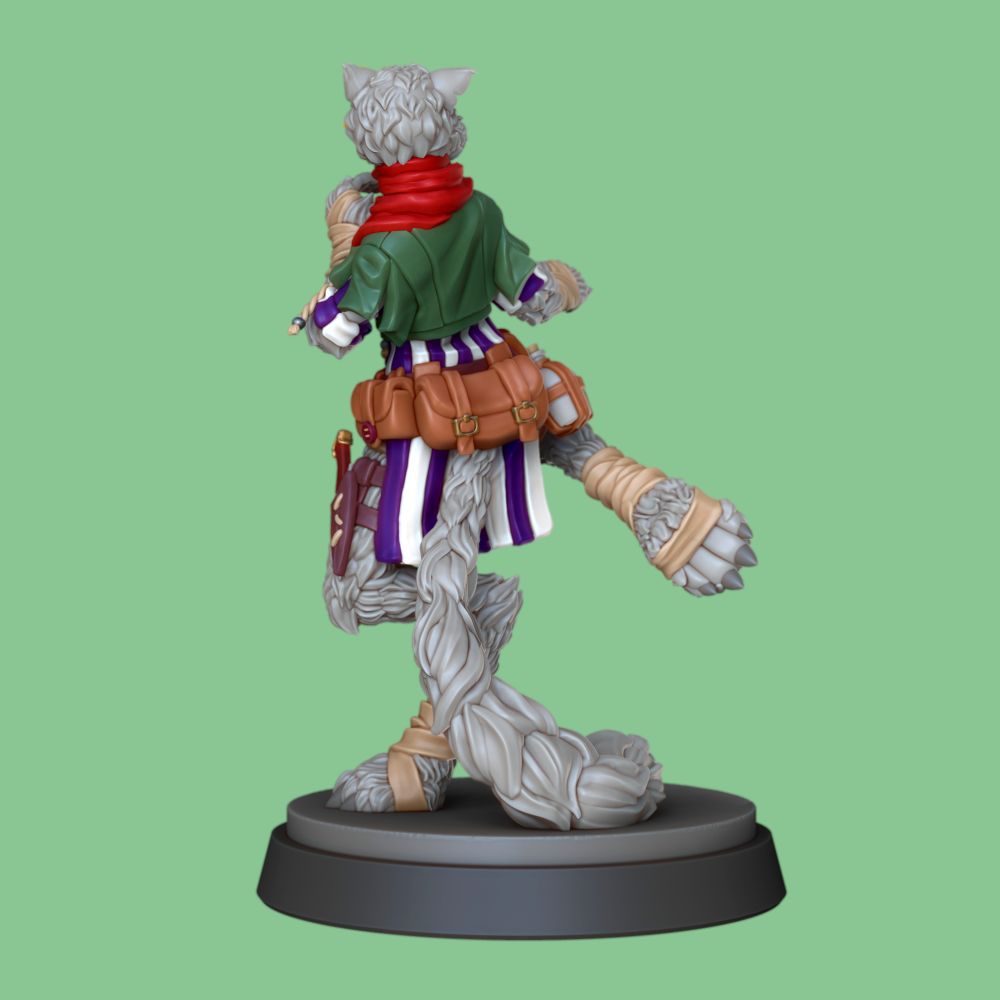 On a light green background, a colorful render of a 3d model depicting a ttrpg character: a gray tabaxi monk wearing a bandit-like garb, in a fighting stance. Seen from the back to showcase their fluffy tail.