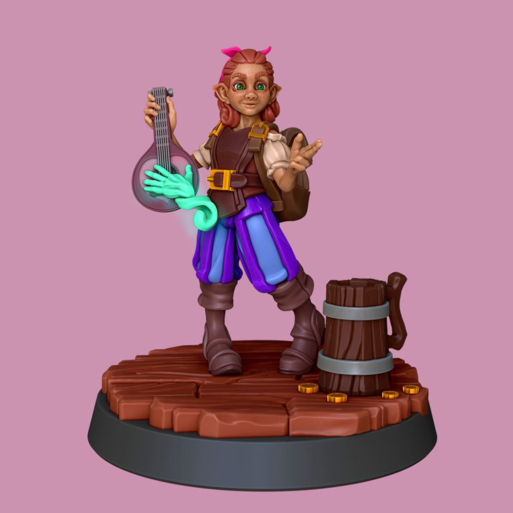 On a pastel pink background, a colorful render of a 3d model depicting a ttrpg character: a redhead femme halfling bard playing a lute, using a mage hand, and doing a finger gun with her free hand.