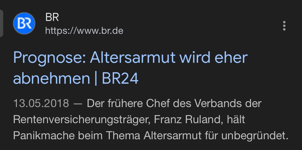 Screenshot einer Headline vom BR von 2018 „Prognose: Altersarmut wird eher abnehmen“ - bezogen auf Rulands Äußerungen 