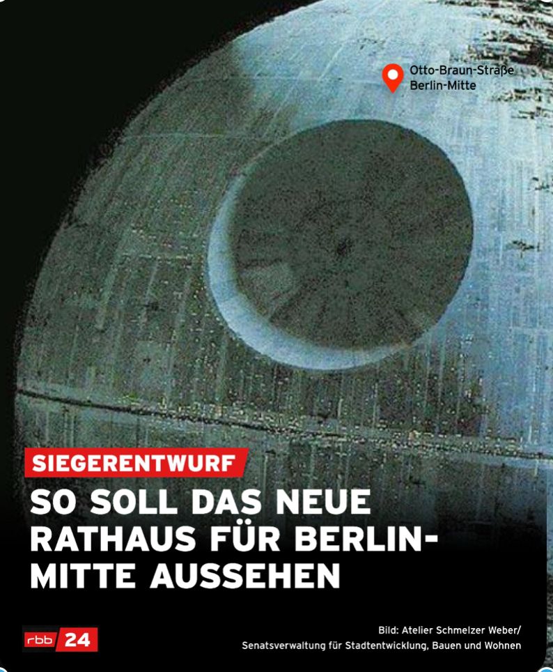 Screenshot von einem gefälschten rbb Artikel: „so soll das neue Rathaus für Berlin-Mitte aussehen“ dazu ein Bild vom Todesstern. 