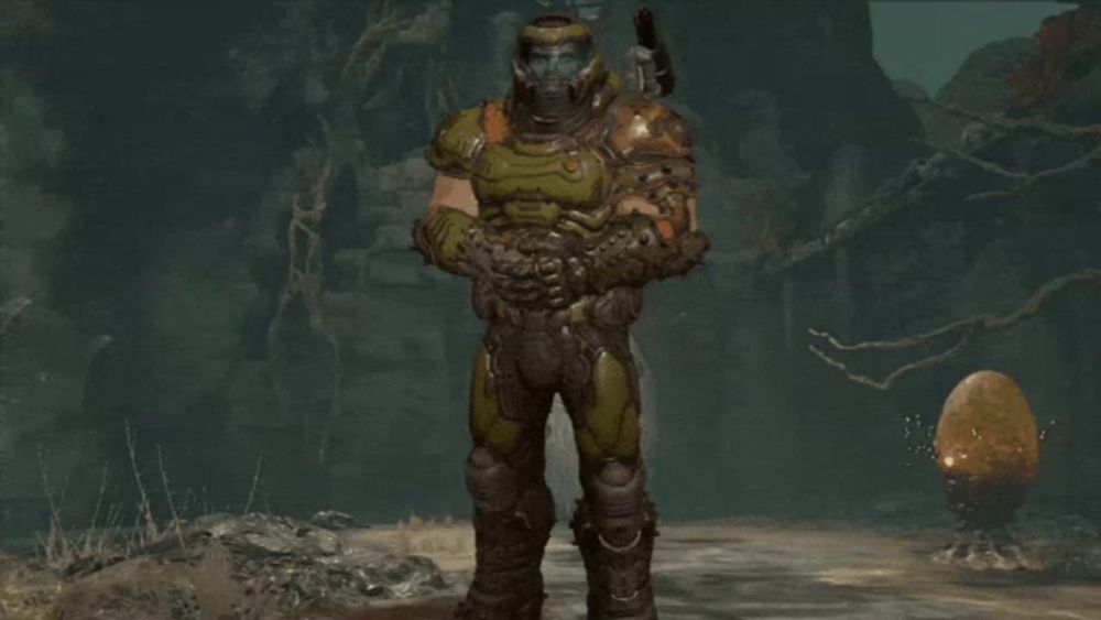 a video game character with a helmet that says ' slayer ' on it