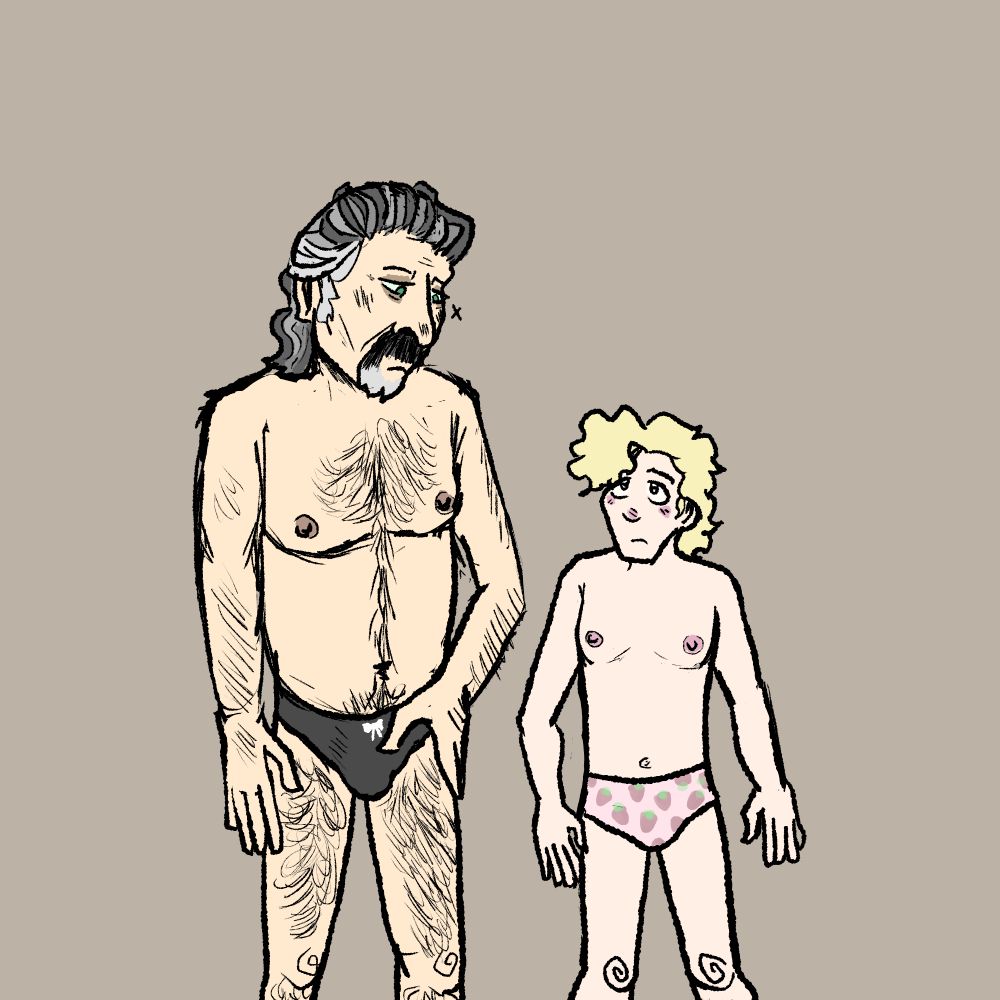 Izzy standing in nothing but a pair of panties, black with a white bow. Stede stands in nothing but underwear as well, this pair pink with strawberries. 
