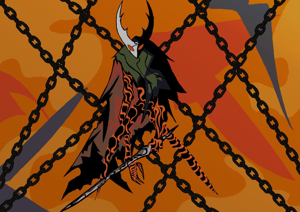 Recent piece of 2025 is a drawing of the Hollow knight, surrounded by chains and the background is very abstract 