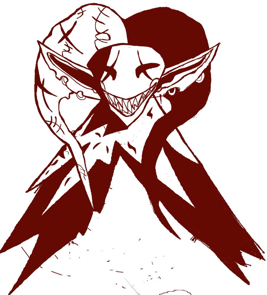 A red bust sketch of Jevil, from Deltarune 
