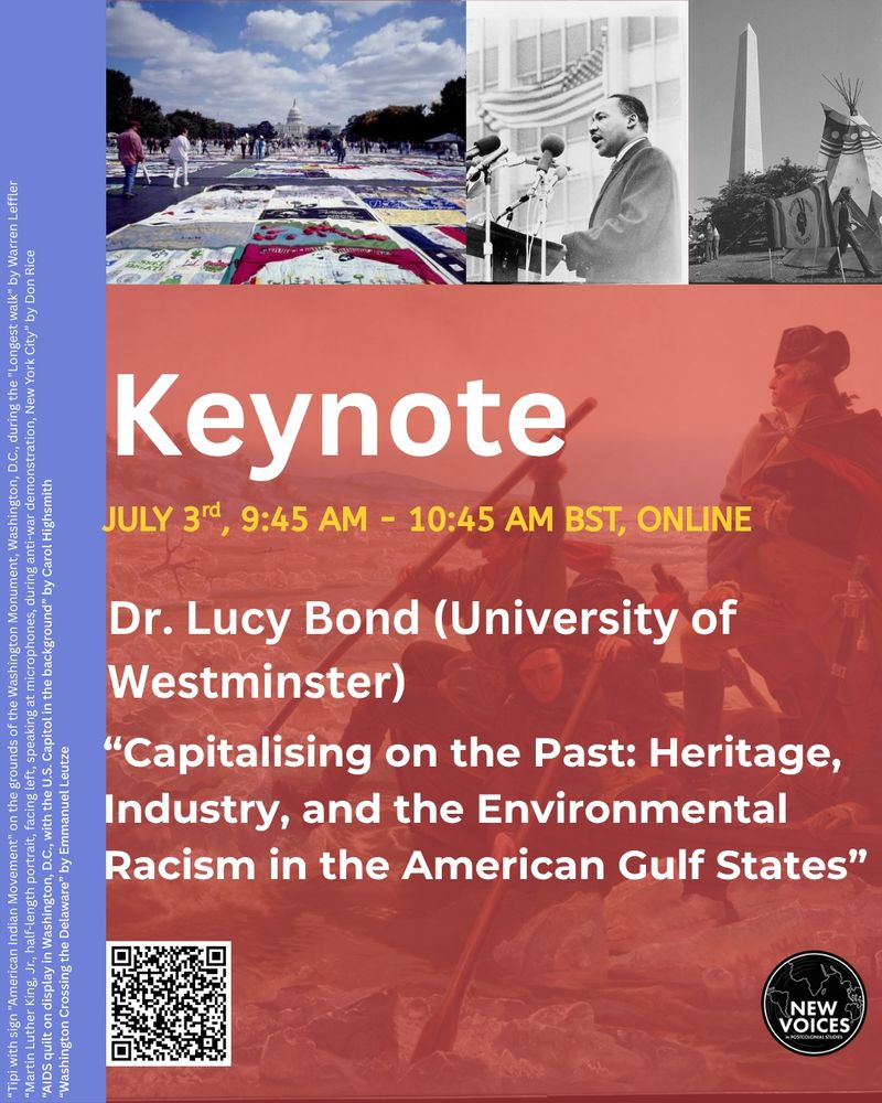We're excited to introduce the "American Dream/American Nightmare" conference online day keynote!

Dr Lucy Bond (University of Westminster) will be speaking on "Capitalising on the Past: Heritage, Industry, and the Environmental Racism in the American Gulf States".

📍Online
🗓️ 3rd July 2025, 9:45-10:45 BST

Don't forget to sign up (for free!) using the QR code or the link in our bio ✨
Tipi with sign "American Indian Movement" on the grounds of the Washington Monument, Washington, D.C., during the "Longest walk" by Warren Leffler
“Martin Luther King, Jr., half-length portrait, facing left, speaking at microphones, during anti-war demonstration, New York City” by Don Rice
“AIDS quilt on display in Washington, D.C., with the U.S. Capitol in the background” by Carol Highsmith
“Washington Crossing the Delaware” by Emmanuel Leutze