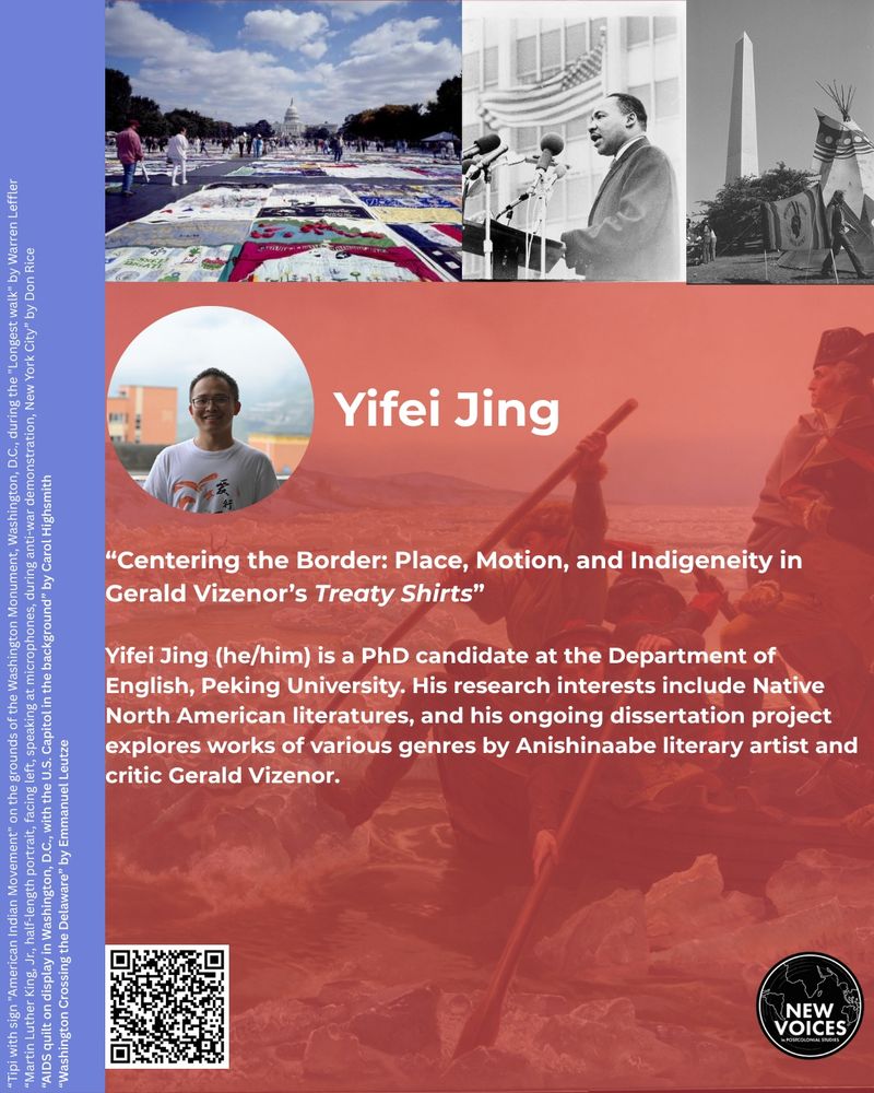 Yifei Jing “Centering the Border: Place, Motion, and Indigeneity in Gerald Vizenor’s Treaty Shirts”

Yifei Jing (he/him) is a PhD candidate at the Department of English, Peking University. His research interests include Native North American literatures, and his ongoing dissertation project explores works of various genres by Anishinaabe literary artist and critic Gerald Vizenor. Yifei is pictured outside smiling.