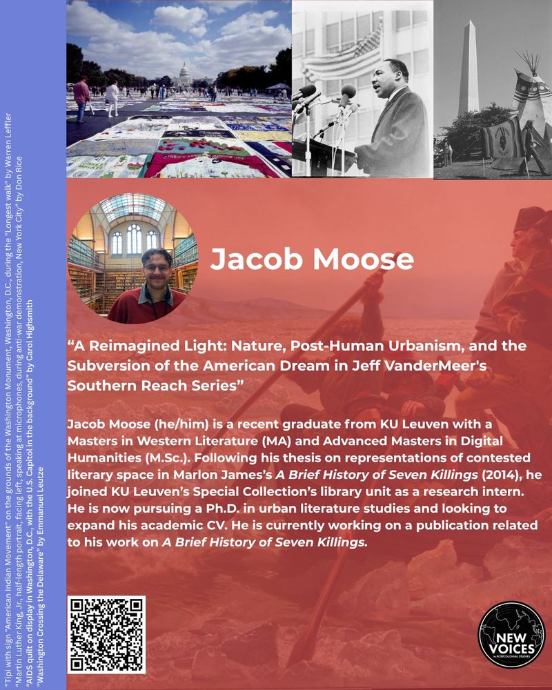 Jacob Moose. A Reimagined Light: Nature, Post-Human Urbanism, and the Subversion of the American Dream in Jeff VanderMeer's Southern Reach Series”

Jacob Moose (he/him) is a recent graduate from KU Leuven with a Masters in Western Literature (MA) and Advanced Masters in Digital Humanities (M.Sc.). Following his thesis on representations of contested literary space in Marlon James’s A Brief History of Seven Killings (2014), he joined KU Leuven’s Special Collection’s library unit as a research intern. He is now pursuing a Ph.D. in urban literature studies and looking to expand his academic CV. He is currently working on a publication related to his work on A Brief History of Seven Killings. Jacob is pictured in a library smiling.