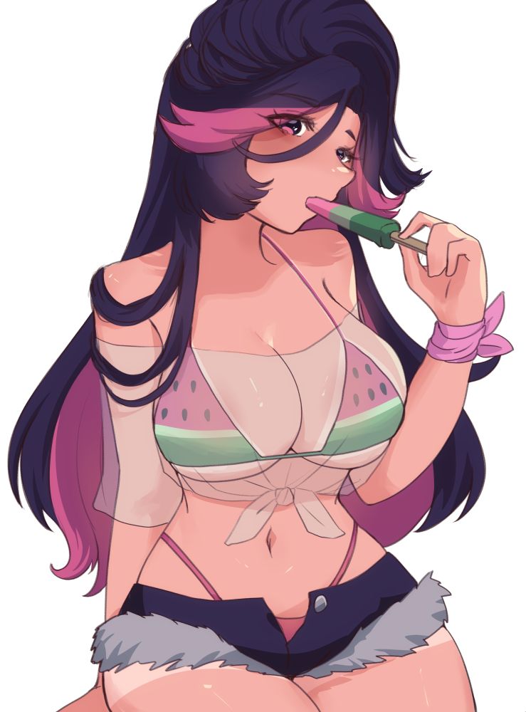 A picture of Whisper. She has long dark hair that flows to her backside, with a purple underlight. She is wearing a watermelon-themed bikini with a transparent white tied shirt overtop. She has short cutoffs with frayed ends. The first button of her pants is undone and you can see a bit of her bottom bikini thong. She has a light pink scrunchie on her left arm. She is holding a watermelon popsicle in her left hand on and current eating it, her head tilted sideways. She is lightly tanned but you can see tan lines around her bra and pants.
