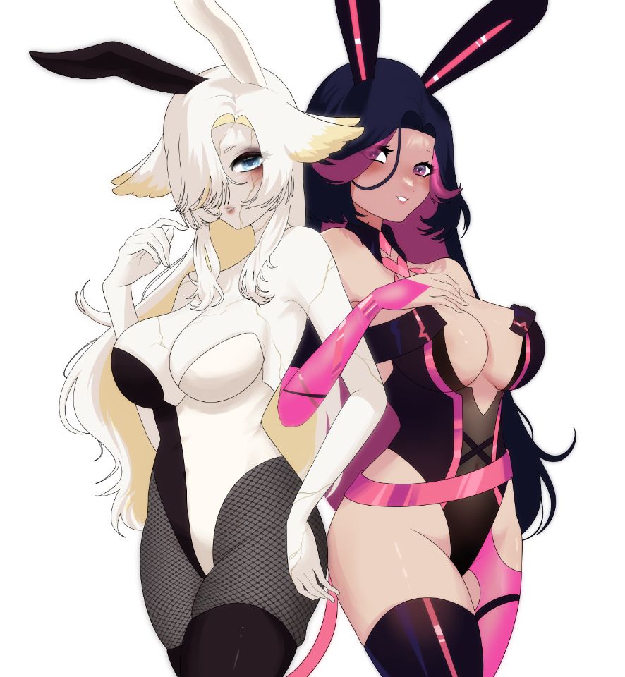 Two girls wearing playboy style bunny outfits, standing side-by-side with their arms together.