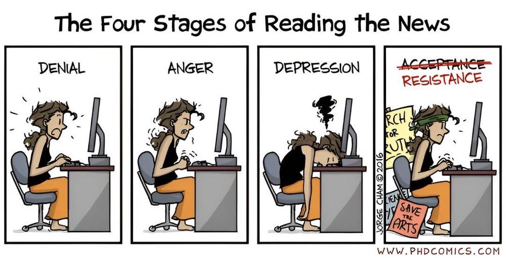 Cartoon showing woman at desk, moving through 'denial, anger, depression and RESISTANCE'!