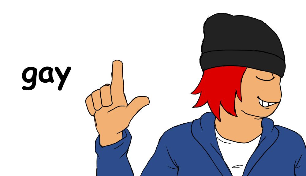 Same thing again but this time its a man in a sock cap and a hoodie with bright red hair. The word bisexual its replaced with the word gay in comic sans. He still does the L shape with his hand with a smug expression on his face.