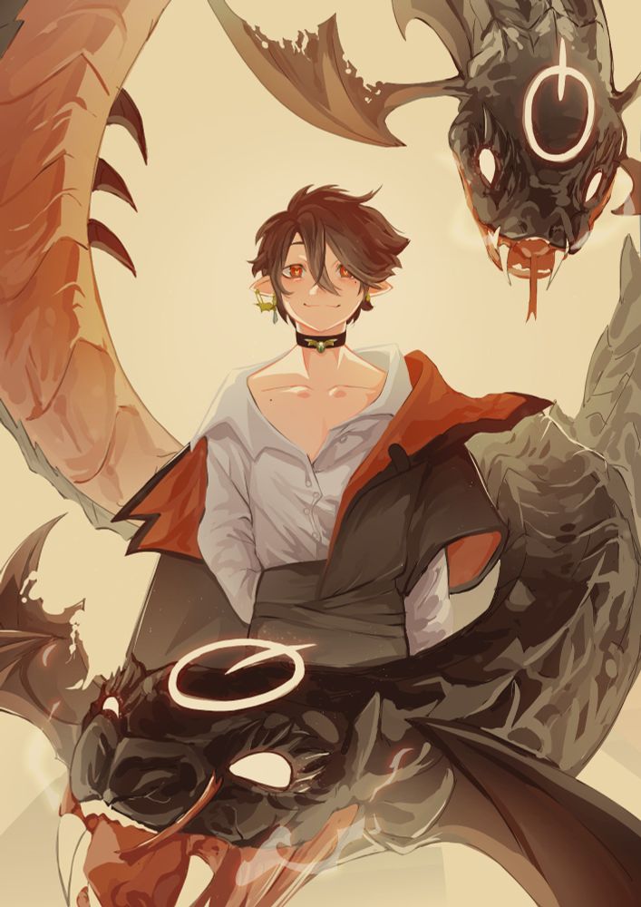 A drawing of a man (named Vic from the game Alchemy Stars) surrounded by two snake-like dragons, brightly lit from behind.
The man is in a fantasy forest ranger outfit with the shirt unbuttoned at the top and the coat falling off one shoulder.
The snakes have wings coming out of their necks, white, glowing eyes, and a glowing symbol (a circle with a line comin out the top) above their heads.