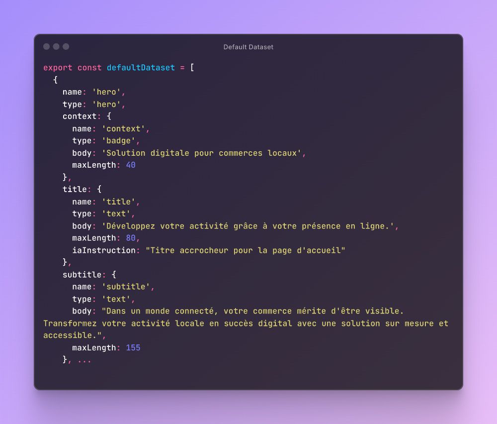 Exemple de dataset qui permettra de construire l'UI et que l'IA pourra modifier.