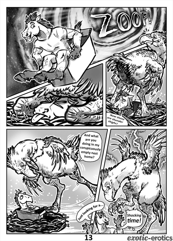 [5 panel comic page. Layout depicted by numbers below]

1  1  1
2233
4455

[1]Cody excitedly rides his box through the wormhole like a sled, once again accompanied by a loud *ZOOP*

[2] But his time travel teleportation delivers him into a large nest directly under a feathery rump.

[3] The feathers are revealed to belong to Pharaoh, who stands up, bristling, as a bedraggled Cody remarks "Now those are thunder thighs!" from beneath him.

[4] Pharaoh wheels on Cody, demanding "And what are you doing in my conspicuously empty nest home?"

[5] Cody replies with "Just looking for a shocking time!" as lightning flashes in the background.