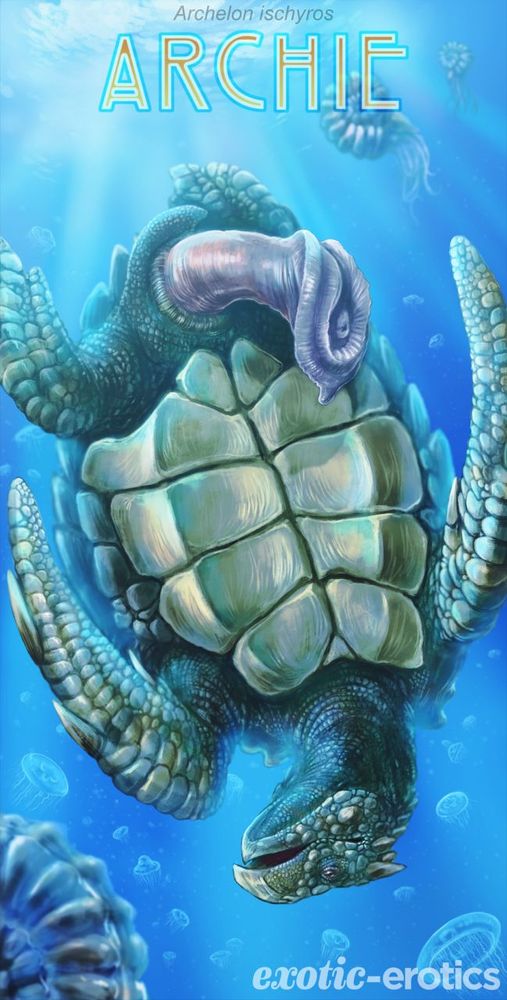 Artwork of Archie the Ancient Sea Turtle, Archelon ischyros.

Archie swims downward, the bright sun piercing through the water, highlighting jellyfish, nautilus, and Archie's equipment.