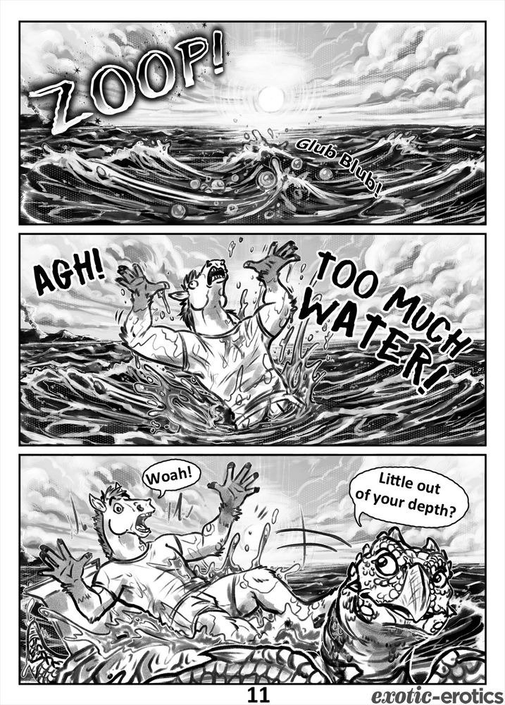 [3 panel comic page. Layout depicted by numbers below]

1  1  1
2 2 2
3 3 3

[1] With a loud *ZOOP!* Cody and Friends appear under the surface of a vast shallow sea. Bubbles rise to the surface with a *Glub Blub!*

[2] Cody splashes to the surface shouting "AGH! TOO MUCH WATER!"

[3] "Whoa!" he exclaims as a giant 15 foot long sea turtle surfaces, lifting Cody and the box above the surface.

"Little out of your depth?" Archie asks.
