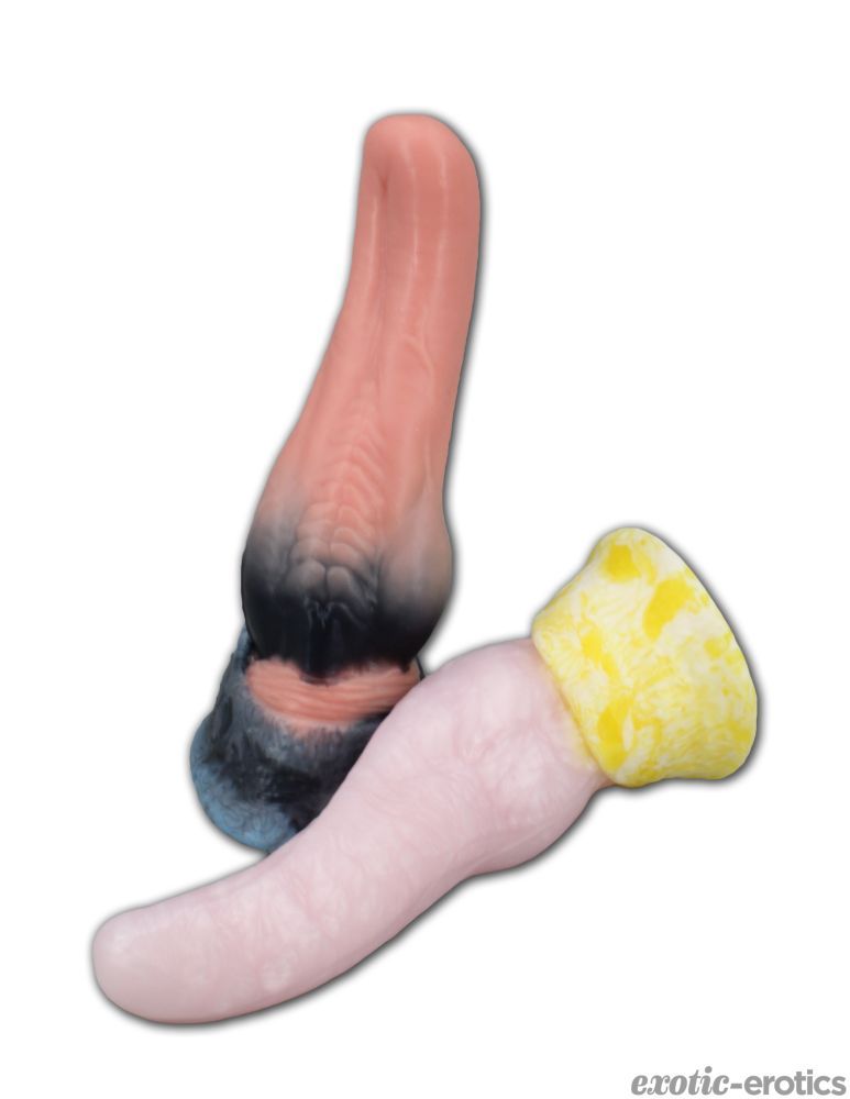 Main product photo of Pharaoh the toy, one standing and one lying down, in their signature colors, Dusk Blue and Dawn Yellow.