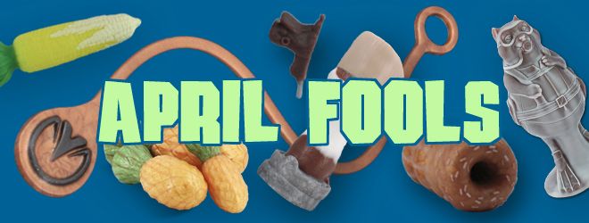 April Fools
written over the top of all of the April Fools toys on a blue background.