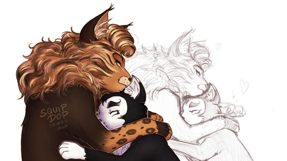 a close up of the same drawing as above, cutting off under their shoulders. right of it, the background is taken up by the sketch of the same drawing.