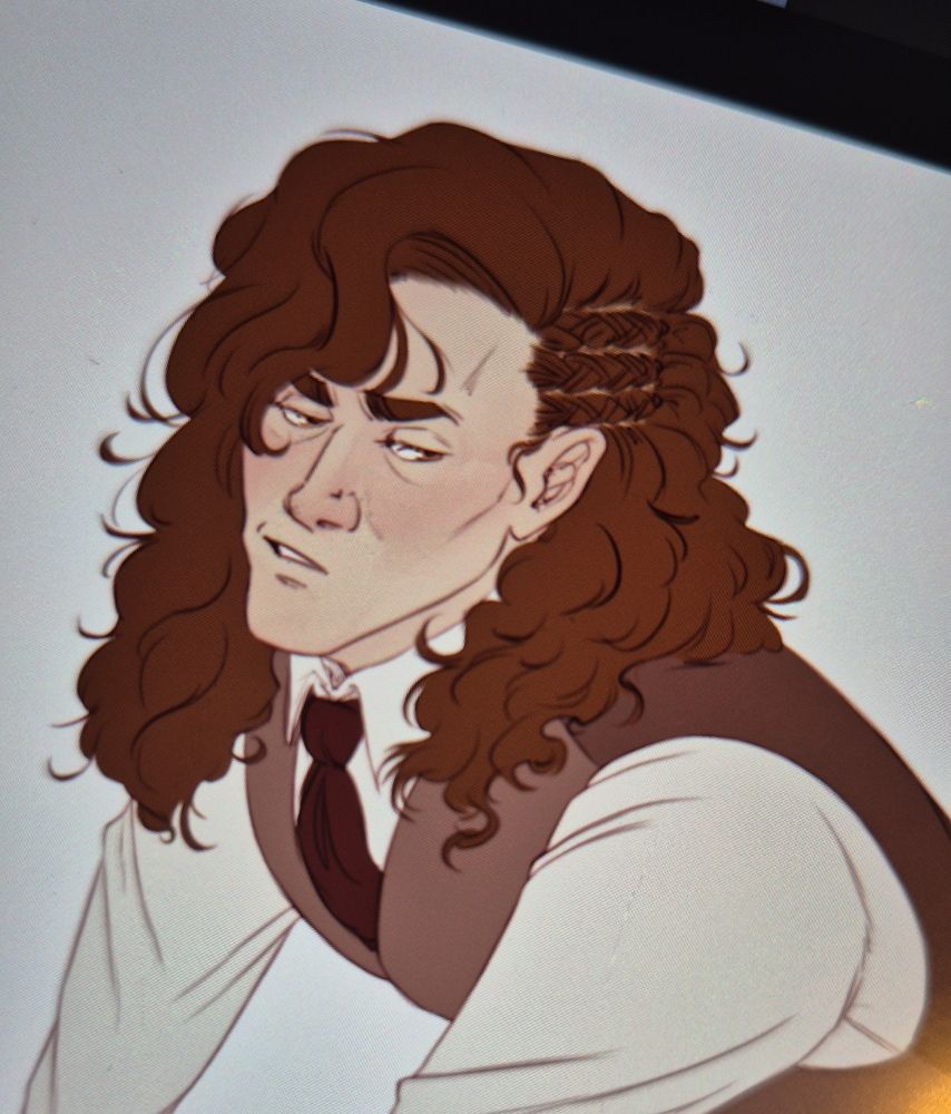 a work in progress drawing (lined and colored but unshaded) of my OC flavio, a white man in his late 20s with long brown hair