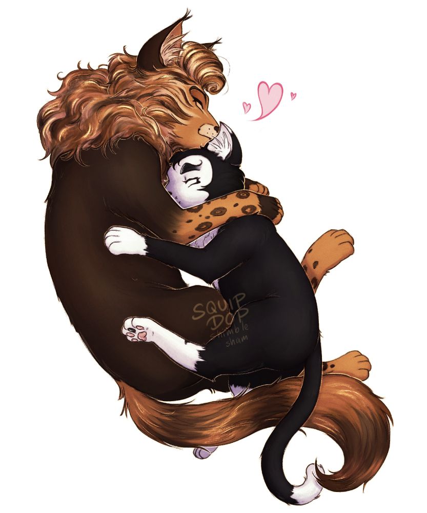 a digital full color drawing of the Rum Tum Tugger and Mister Mistoffelees from Cats the Musical. they are drawn as stylised house cats, Tugger, on the left, being a large dark brown cat with a huge fluffly light brown mane and tail as well as light brown socks with leopard spots and Misto, on the right, being a small black tuxedo cat with a white face, white socks and a white tail tip. They are sleeping while cuddling closely, facing each other, with their paws around each other and their tails tangled, loosely forming a heart.