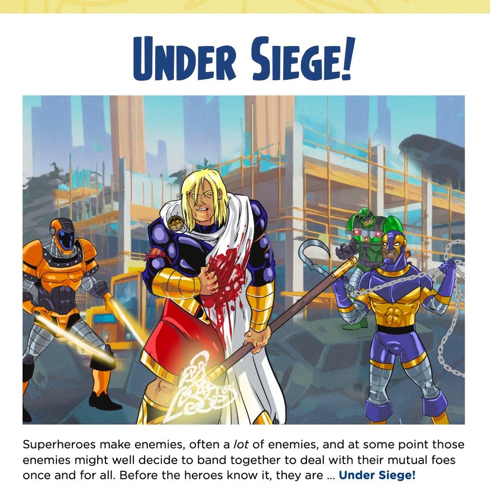 The title page to "Under Siege!" features the superhero Lugh, a blond strongman in a blue shirt with gold braces, red kilt, and a white sash, wielding a spear with a glowing head of Celtic knotwork. He's bloodied and facing off against a gang of supervillains with high-tech weapons in a construction site.

From: https://www.patreon.com/posts/under-siege-135147976