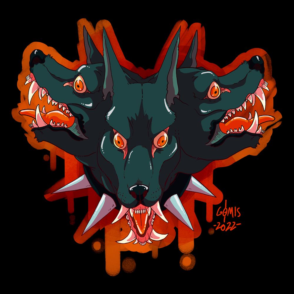 Drawing of a three-headed dog's heads, cutting off at the neck, where its wearing a big spiked collar. All of the heads have violent expressions with bared teeth and their red eyes are unfocused. The background consists of a reddish cutout around the heads, and it continues further down in splatters.
