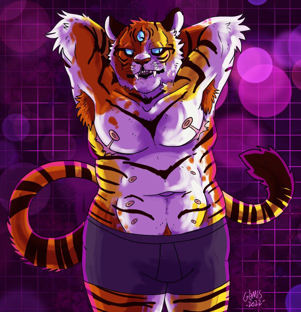 Drawing of an anthropomorphic tiger on a grid background, shaded and backlit like they'd be at the club. The tiger is only wearing boxers and is proudly presenting the top surgery scars on their chest, holding their arms behind their head.