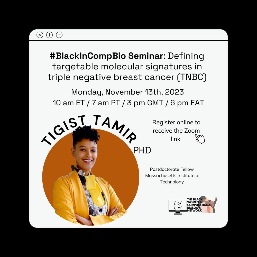 #BlackInCompBio Seminar comp bio flyer for Dr. Tigist Tamir