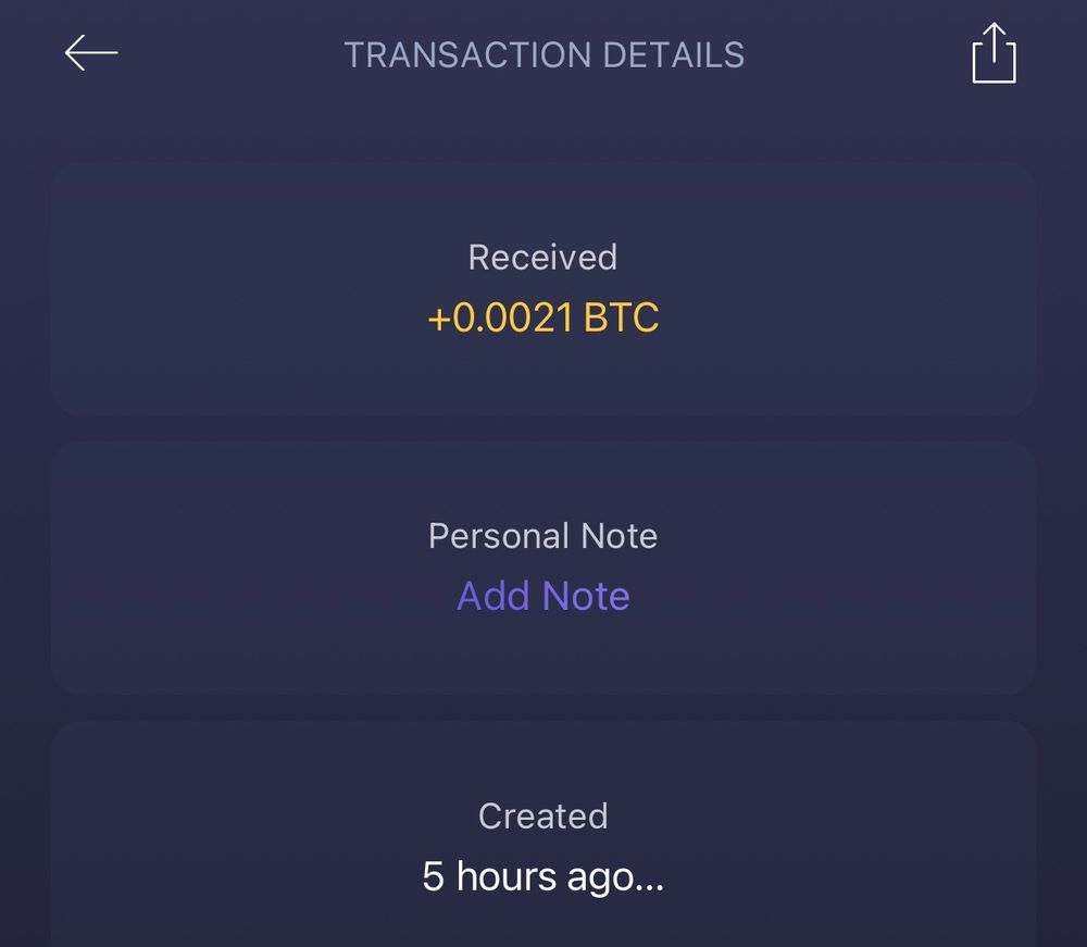 Transaction details for bitcoin showing .0021 bitcoin created 5 hours ago 