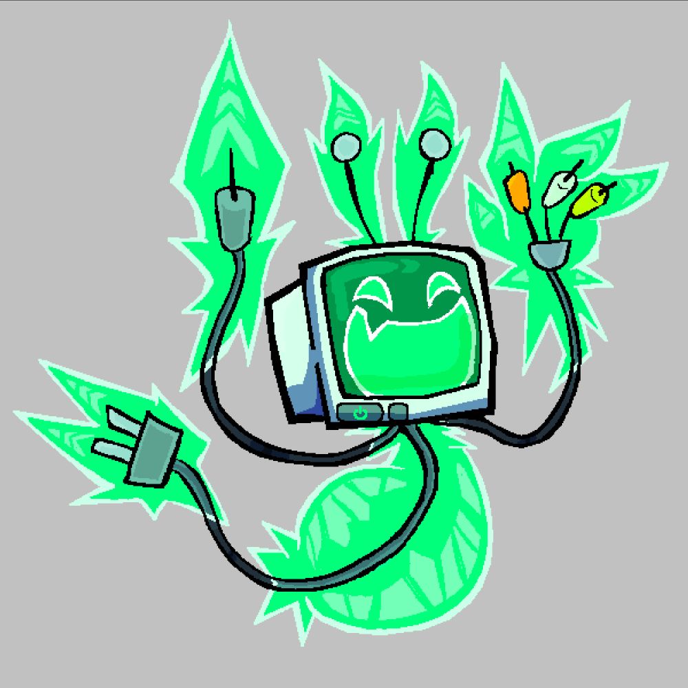 A computer monitor with inexplicable TV antennae possessed by a plasma spectre, forming a bunny-eared, chubby ghost body around the wires and filaments.