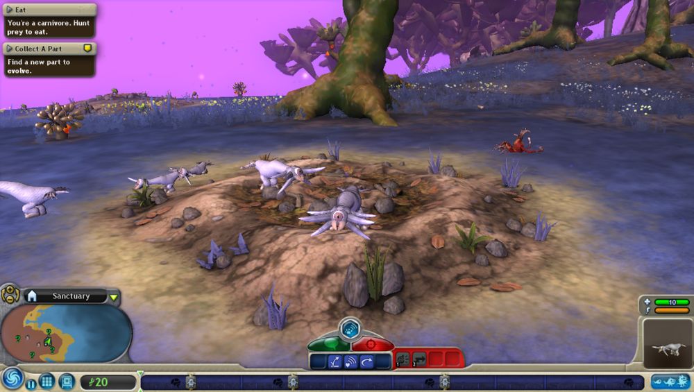 A random screenshot of Spore (2008)'s creature stage. Said stage features tab targetting combat mechanics.