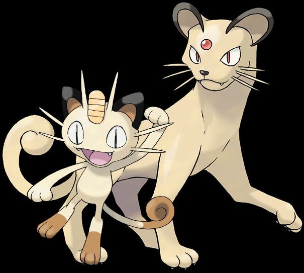Meowth and Persian, which goes from a tiny anthropomorphized cat to an actual cougar. All these images depict the sugimori art but they were sourced from https://silvallyplushie.neocities.org/cats
