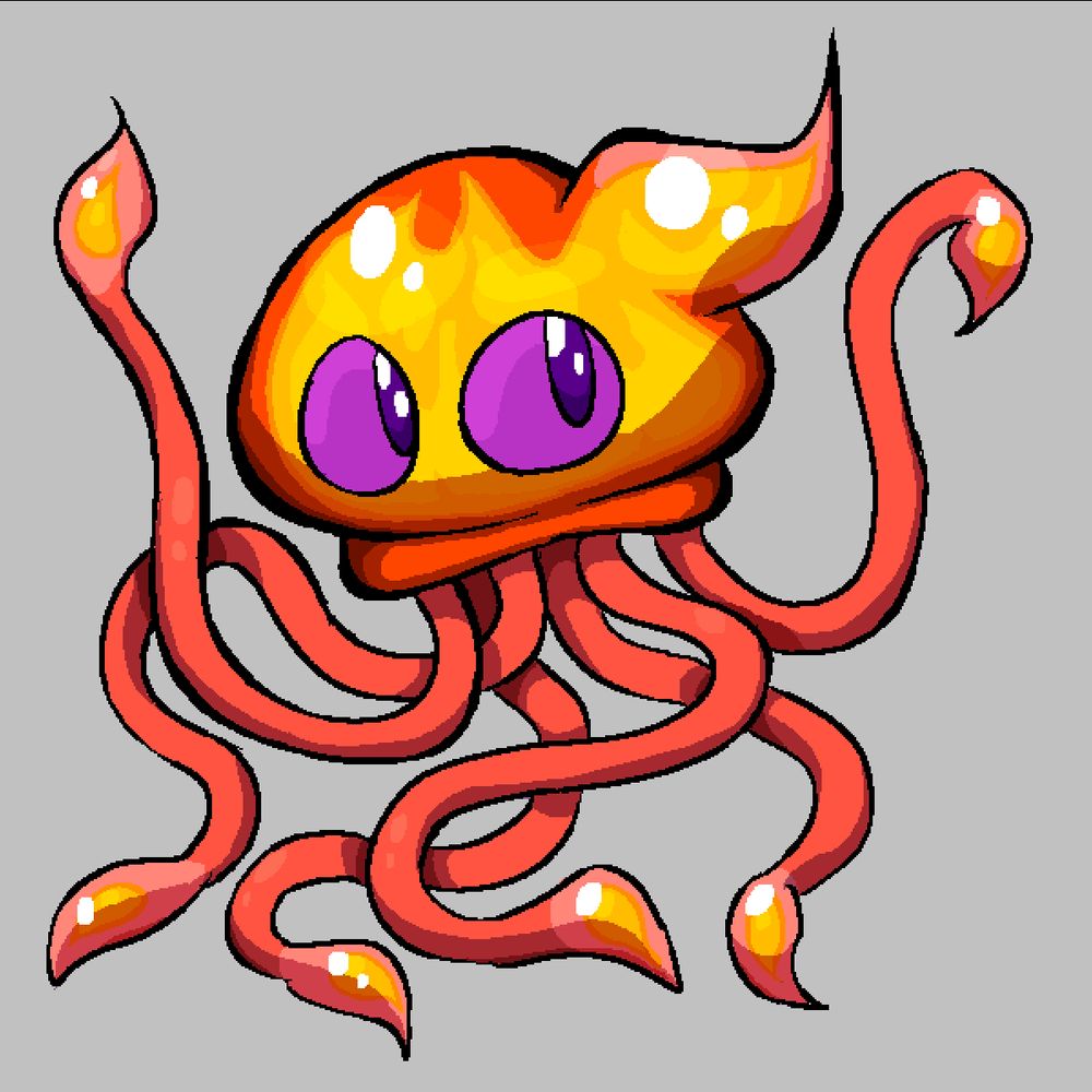 A red-hot jellyfish with lava-lamp-esque glowing goo in its bell body. It has big, cutesy purple eyes.