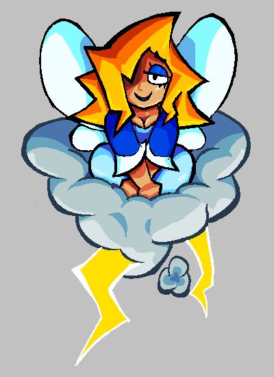 A blonde fairy in a blue dress sitting in lotus pose on a thundercloud.