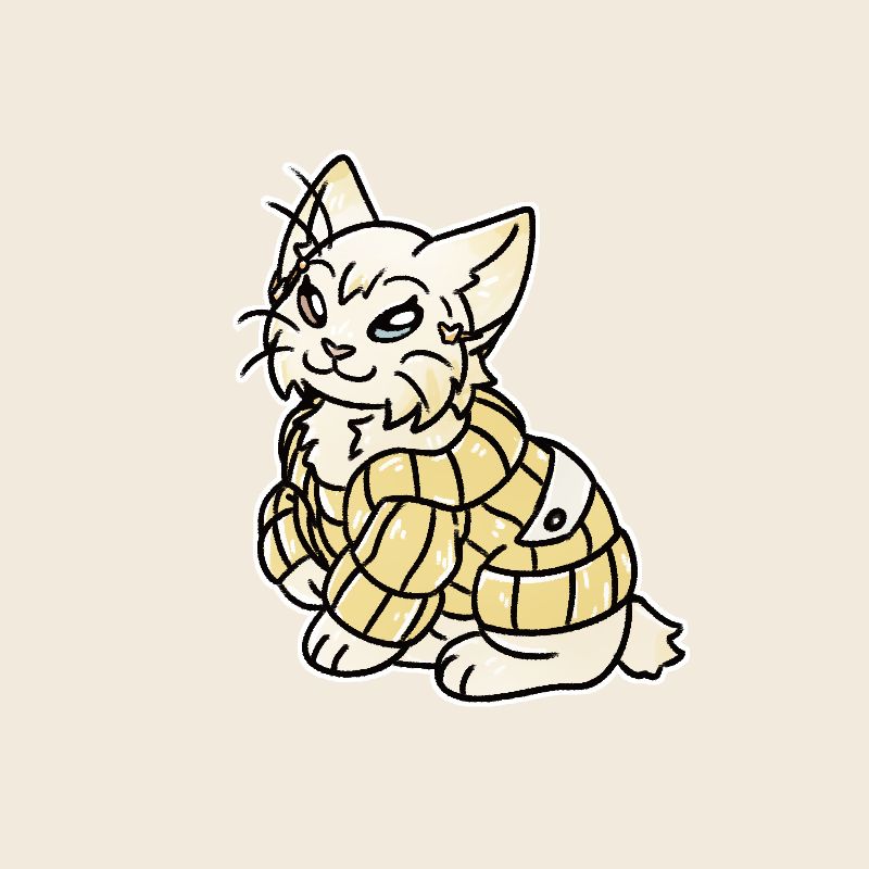 Art of Nightmare from Arknights, depicted as an unspecified domestic cat in a chibi-ish style. I didn't even know Nightmare had no tail and I couldn't find any mention of that in files/voice lines, so I just gave her a nub tail. She's mostly white in color, with a light yellow fade, especially along her cheek fluff and ear tips. She wears her big bright yellow sweater. She has heterochromia, one eye brown and one blue-grey. She sits politely with one paw raised, smiling.