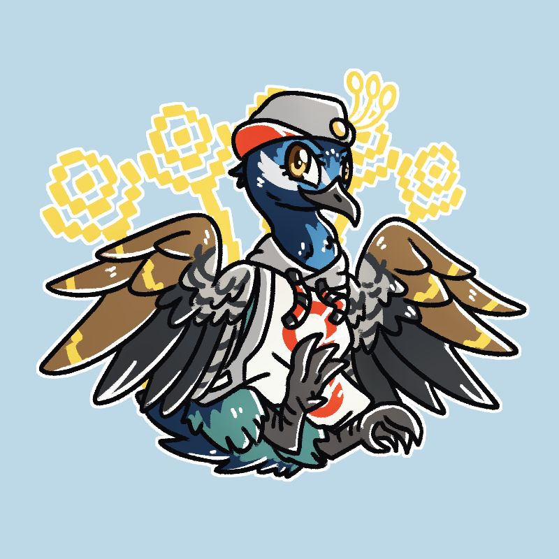 Art of Conviction from Arknights, depicted as a peacock in a chibi-ish style. Conviction has a different eye style, more distincly anime, from all the other previously drawn animals. Conviction is in their gamer skin's outfit, wearing a cap and a big oversized white and grey hoodie, both of which have bits of red on them. Their head is mostly dark blue with lighter blue and white accents, lower parts of their body are greenish, and their wings are based on an actual peacock's wings with more brown, black and grey feathers. Their tailfeathers mimic a pixel style and are bright yellow in color. They are posed mid-air with their wings spread out and claws raised up.