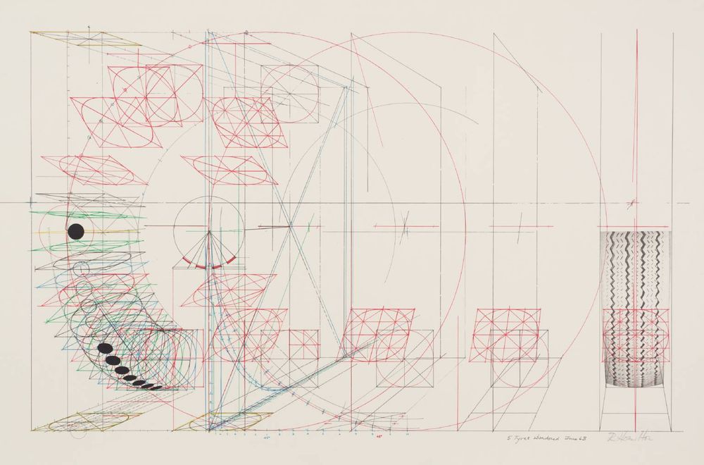Unfinished geometric constructions for perspective drawing of a row of 5 tires.