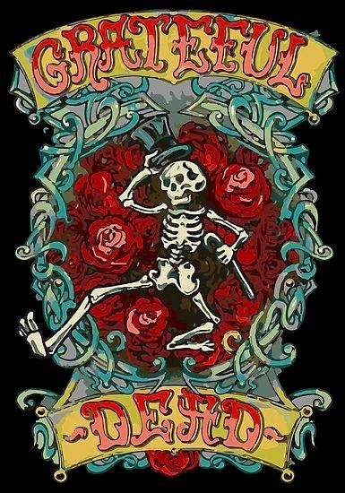 Dancing skeleton with a top hat surrounded by roses. 