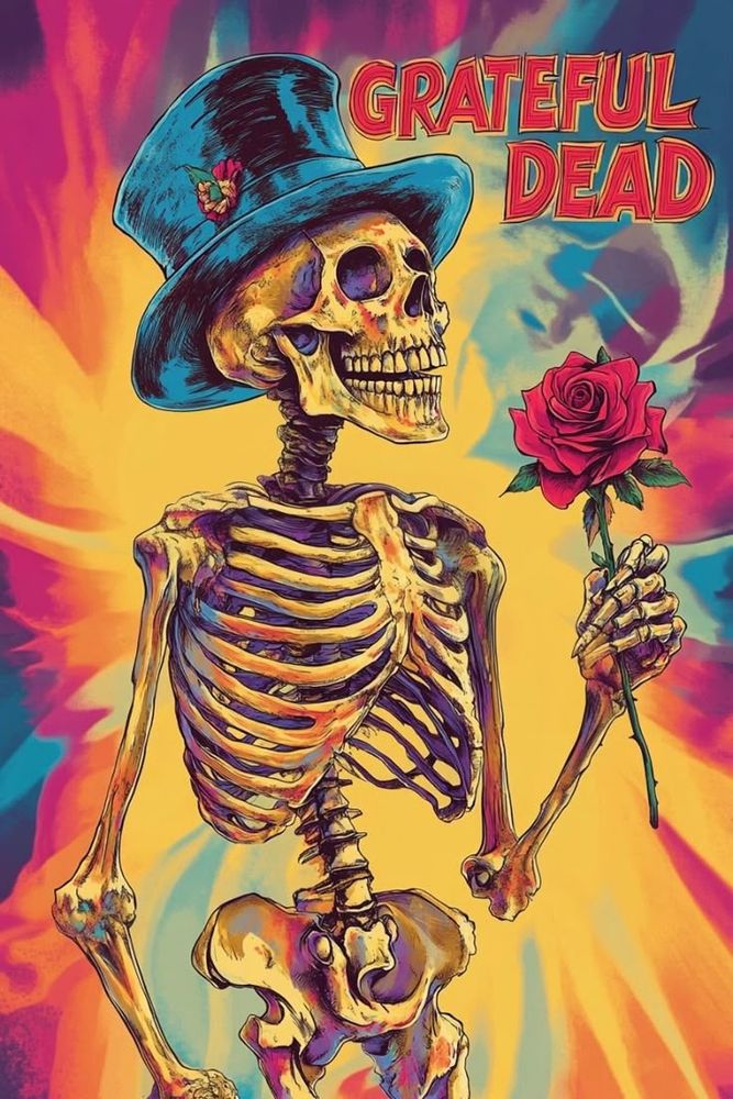 Skeleton wearing a top hat holding a rose. 