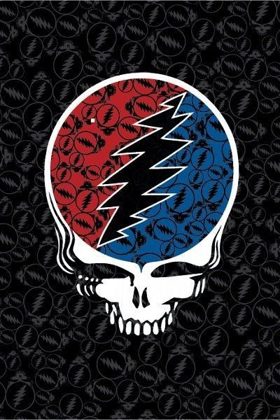 Red white and blue Grateful Dead stealie filled with stealies against a black background of smaller stealies.
