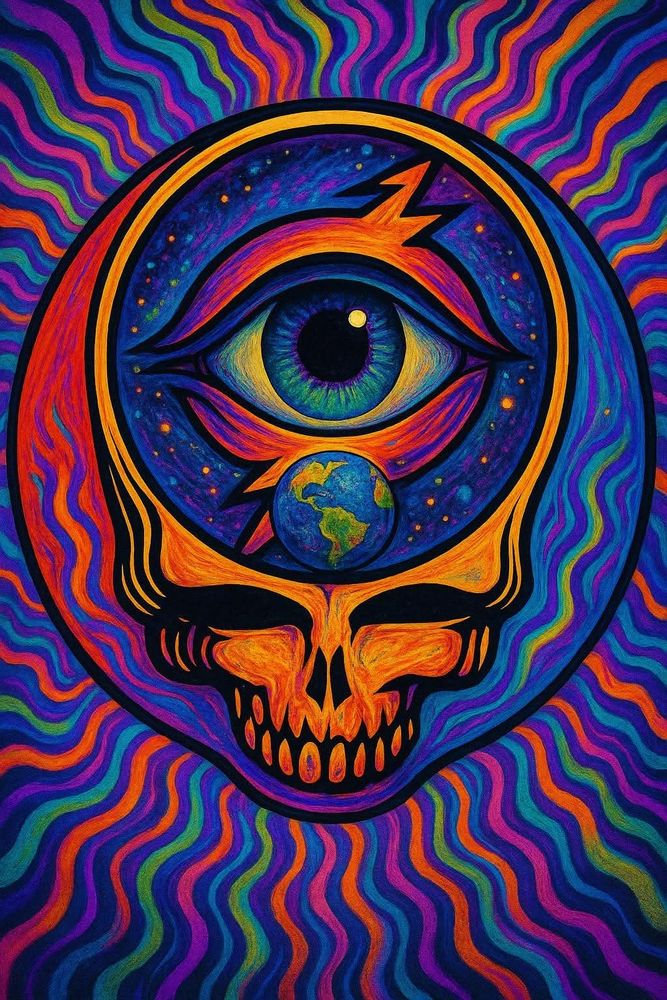 Red blue and orange Grateful Dead stealie with the earth and an eye ball inside set against psychedelic swirls of purple green and blue. 