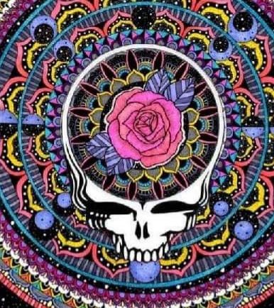 Grateful Dead stealie with a rose in the middle surrounded by multi colored psychedelic designs.