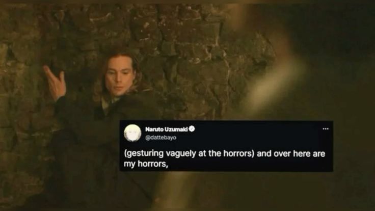 A screenshot of Lestat in IWTV with a tweet saying “(gesturing vaguely at the horrors) and over here are my horrors,” 