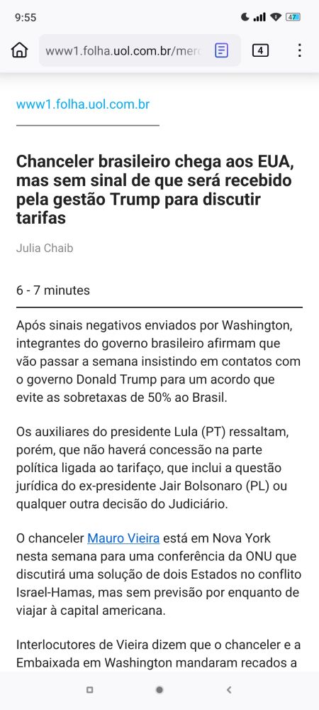 print da mesma página da imagem anterior, agora exibindo todo o texto da matéria devido ao modo de leitura ativado 