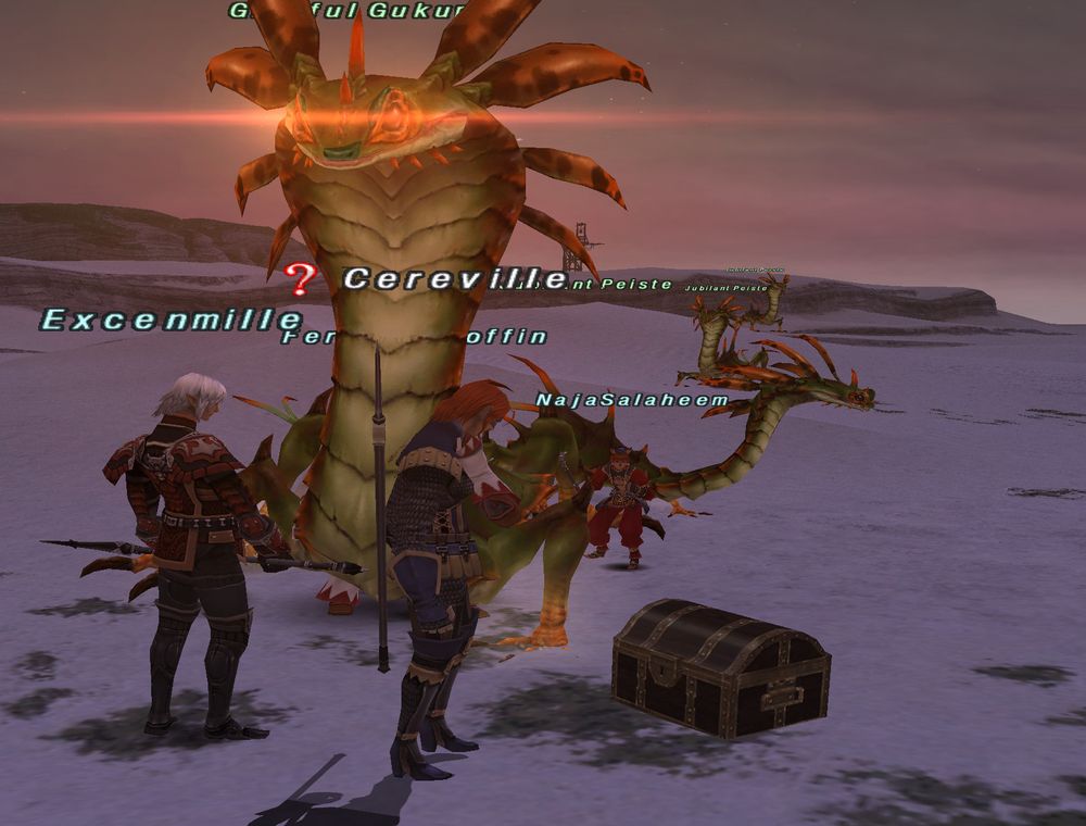 a screenshot of the square enix mmorpg final fantasy 11, in which the player character, "cereville", and her party of npc trusts - mid opening a chest dropped by a monster - are being bowled over at high speed by a large beast named graceful gukumatz. this is a large, cobralike snake with legs and fans all around its head, and glowing red eyes. it is in the evening, and the sky above the beach is grey. cereville is an elvaan with red hair and a spear.
graceful gukumatz is actually a cool guy from the new years event who you can trade items to, but the person in the photo was not aware of this and so pissed herself freely in terror