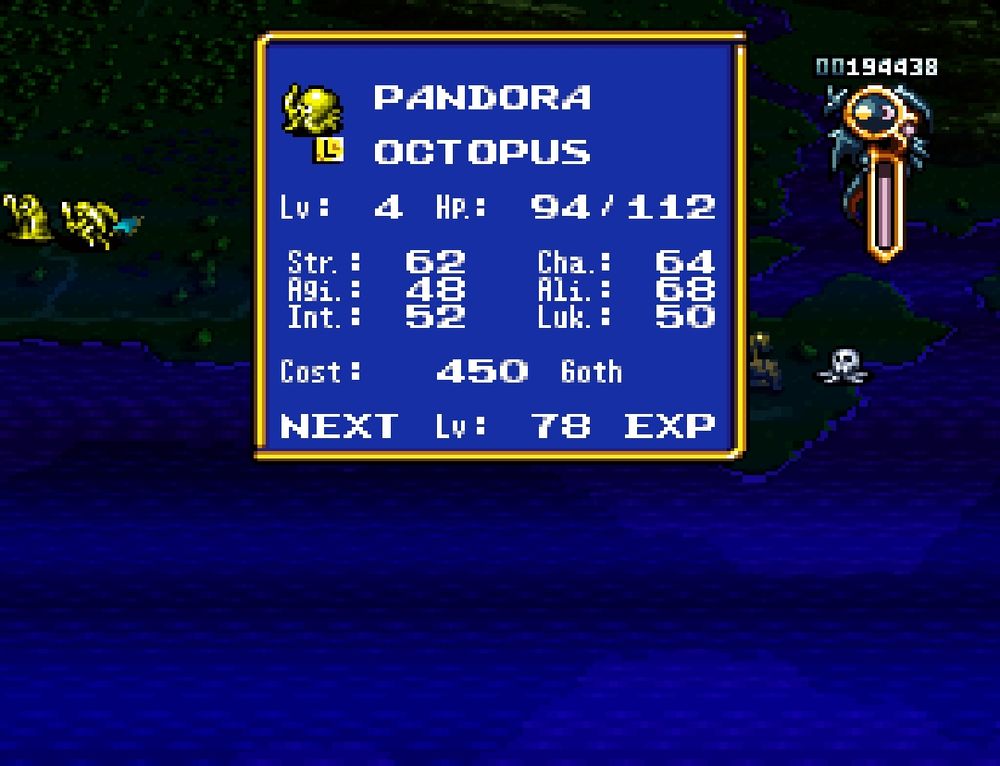 The stats of the octopus. It's currently level 4 and it's one of the free units you get at the start of the game.