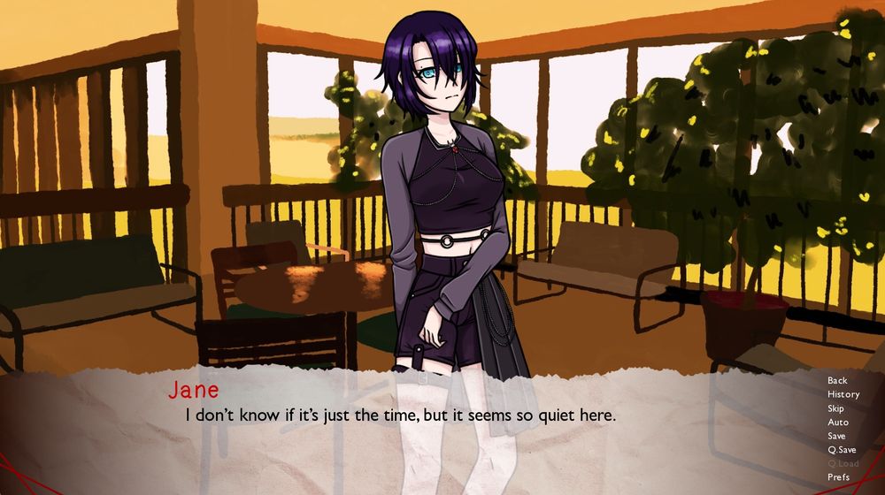 Screenshot from Caught in Your Web. Jane: "I don't know if it's just the time, but it seems to quiet here."